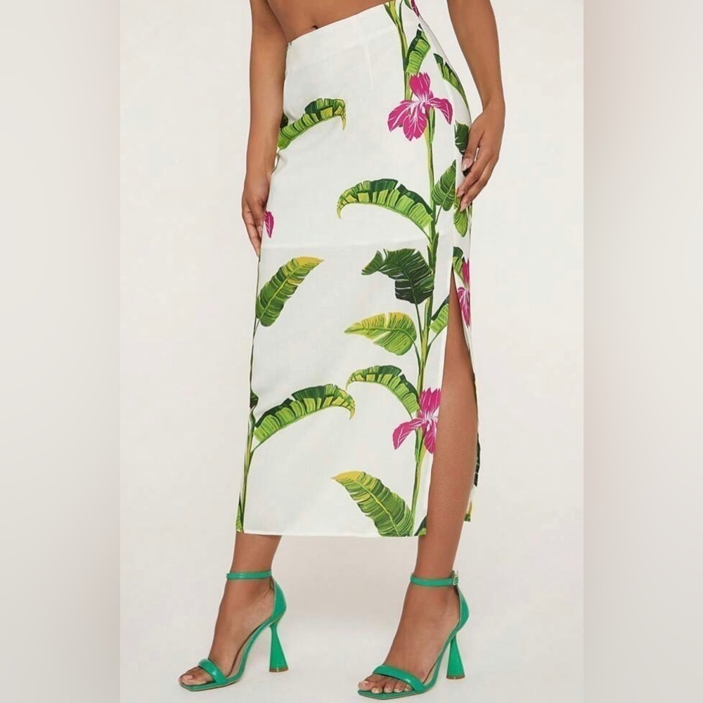 Bohemian Tropical Floral Print Skinny High Waist Split Thigh Skirt - Picture 2 of 10